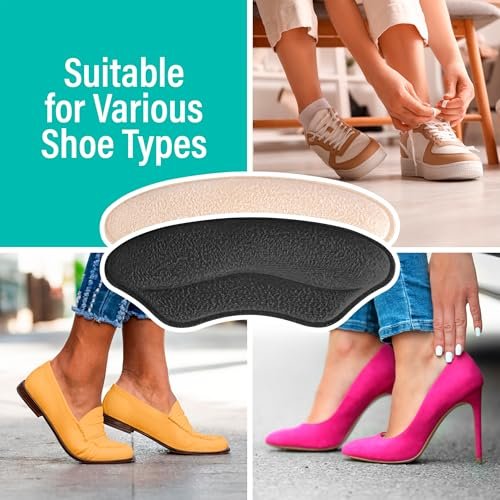 Comfwalk Fersenpolster mit Kleberückseite - 4 Paar, selbstklebende Schuheinlagen für lose Schuhe, rutschfeste Passform, Blasenschutz, Fersenkomfort für Damen und Herren, ideal für High Heels (Schwarz & Beige, Lippenform)