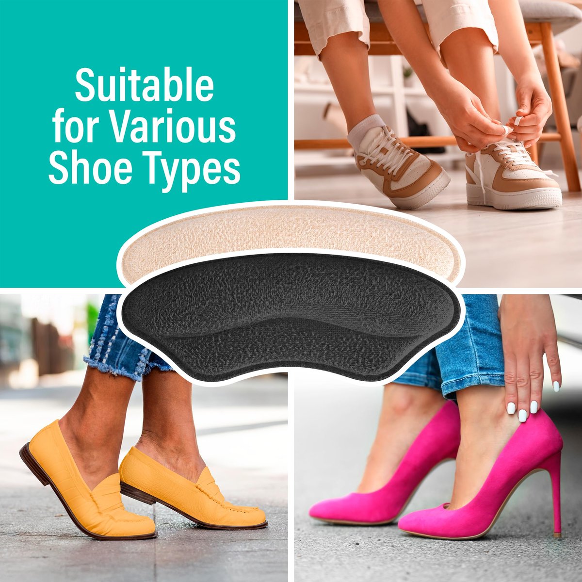 Comfwalk Fersenpolster mit Kleberückseite - 4 Paar, selbstklebende Schuheinlagen für lose Schuhe, rutschfeste Passform, Blasenschutz, Fersenkomfort für Damen und Herren, ideal für High Heels (Schwarz & Beige, Lippenform)