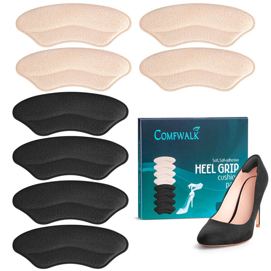 Comfwalk Fersenpolster mit Kleberückseite - 4 Paar, selbstklebende Schuheinlagen für lose Schuhe, rutschfeste Passform, Blasenschutz, Fersenkomfort für Damen und Herren, ideal für High Heels (Schwarz & Beige, Lippenform)