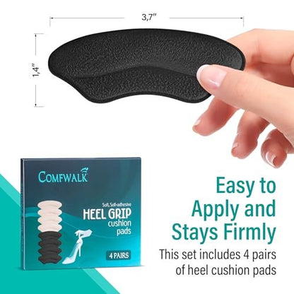 Comfwalk Fersenpolster mit Kleberückseite - 4 Paar, selbstklebende Schuheinlagen für lose Schuhe, rutschfeste Passform, Blasenschutz, Fersenkomfort für Damen und Herren, ideal für High Heels (Schwarz & Beige, Lippenform)
