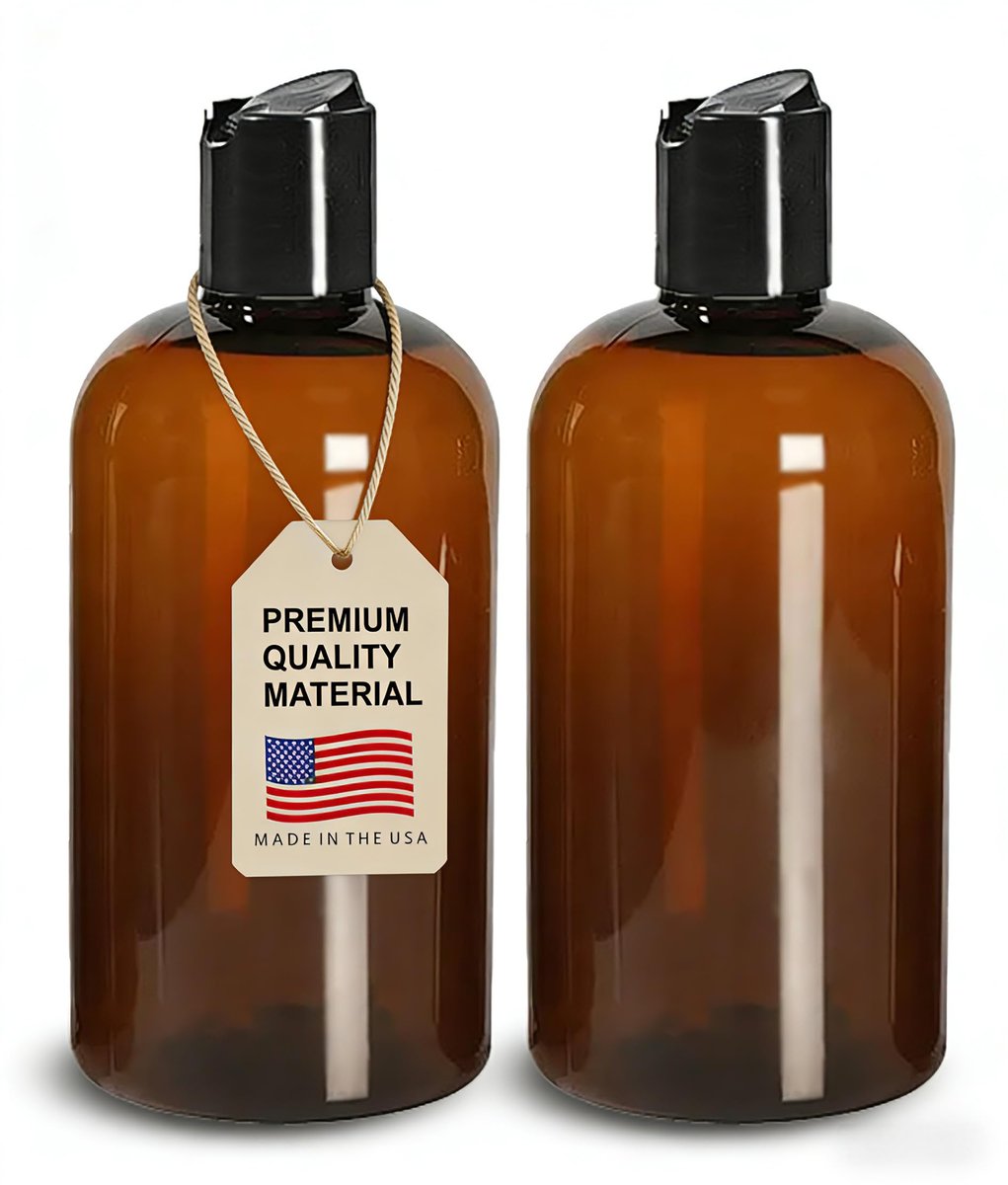 ljdeals 8 oz Amber Kunststoff-Flaschen mit schwarzen Disc Top-Verschlüssen, nachfüllbare Behälter für Shampoo, Lotionen, Creme und mehr, BPA-frei, 2er-Pack, hergestellt in den USA