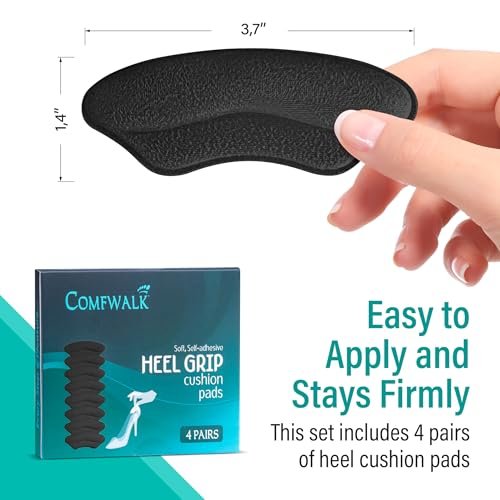 Comfwalk Fersenpolster Aufkleber - 4 Paar, Selbstklebend, Schuhpolster für lockere Schuhe, Passform, Blasenprävention, Fersenkomfort für Damen und Herren, Ideal für High Heels (Schwarz, Lippenförmig)