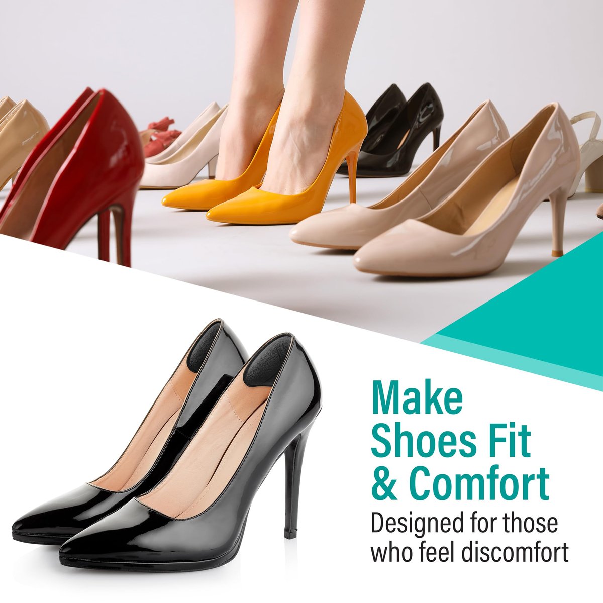 Comfwalk Fersenpolster Aufkleber - 4 Paar, Selbstklebend, Schuhpolster für lockere Schuhe, Passform, Blasenprävention, Fersenkomfort für Damen und Herren, Ideal für High Heels (Schwarz, Lippenförmig)