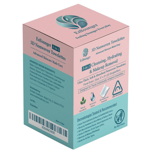 EnYounger 3-in-1 Makeup Remover Wipes 20 Stück einzeln verpackt für Reisen – Ultra-dicke 3D-Vliesstoffe für sofortiges wasserfestes Make-up-Entfernen, Reinigung & Feuchtigkeitspflege, alkoholfrei, hypoallergen, parfümiert