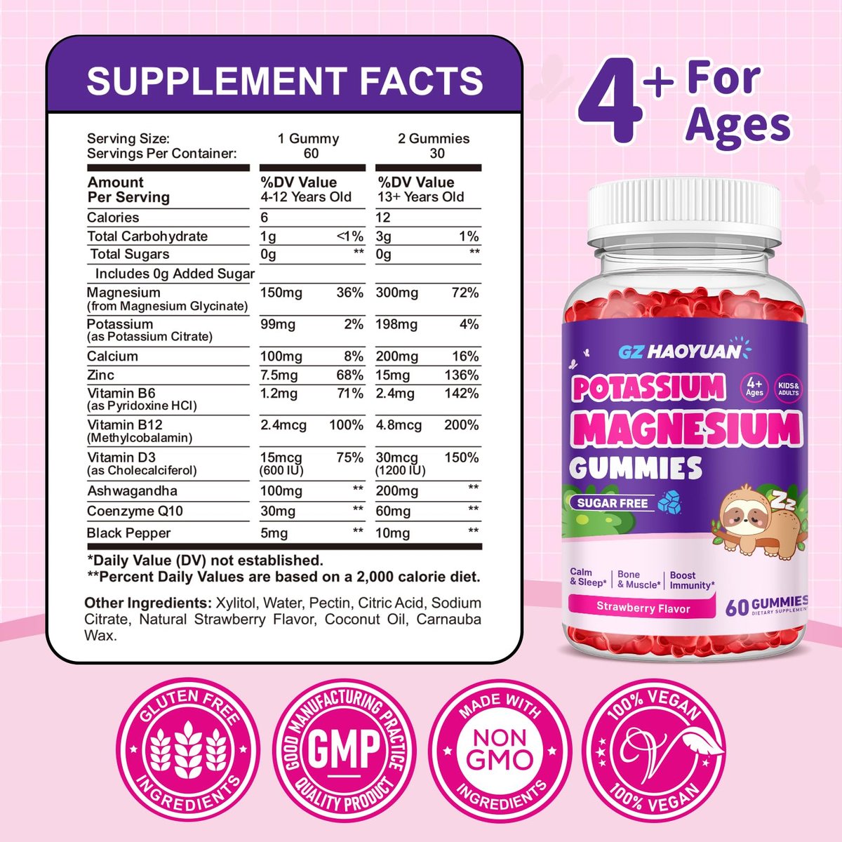 Magnesium Gummis für Kinder – Magnesiumglycinat Gummis mit Vitamin D3, B6, Kalium & Ashwagandha, Magnesium für Kinder & Erwachsene zur Entspannung, Schlaf, Gehirn- & Knochengesundheit – Vegane Erdbeere 60 Stück
