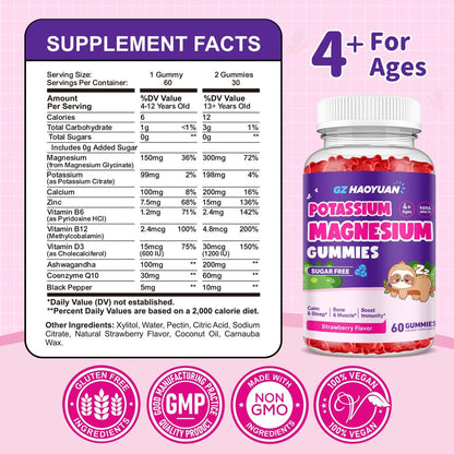 Magnesium Gummis für Kinder – Magnesiumglycinat Gummis mit Vitamin D3, B6, Kalium & Ashwagandha, Magnesium für Kinder & Erwachsene zur Entspannung, Schlaf, Gehirn- & Knochengesundheit – Vegane Erdbeere 60 Stück