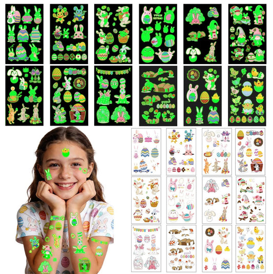 144 Stück leuchtende Ostern temporäre Tattoos, Eierfüller Ostern Korbfüller für Teenager Kinder, Glow in the Dark Ostern Tattoo Aufkleber, Partygeschenke, Ostergeschenke, Korb Essentials