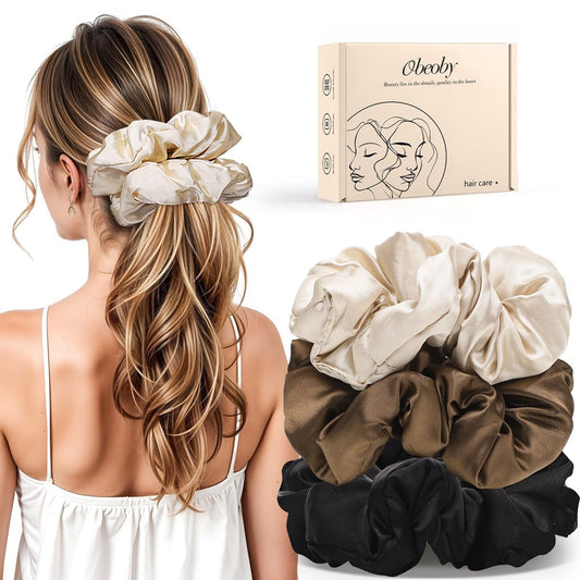 3 Stück Große Satin Haargummis für Dickes Lockiges Haar, 15 cm Kissen-Satin Scrunchies für Schlaf, Self-Care Geschenke
