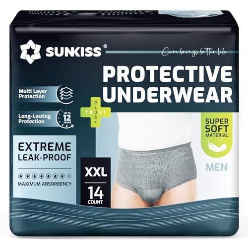SUNKISS Super Weiche Inkontinenzunterwäsche für Männer, tagsüber Einweg Erwachsenen Pull-Ups, Herren Schutzwindeln mit maximaler Saugfähigkeit, XXLarge, Grau, 14 Stück