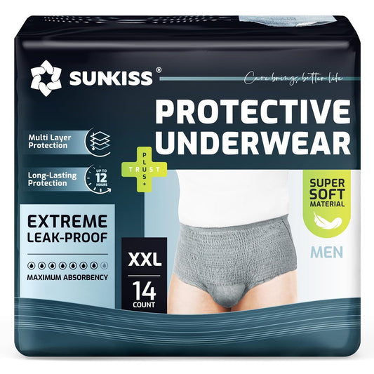 SUNKISS Super Weiche Inkontinenzunterwäsche für Männer, tagsüber Einweg Erwachsenen Pull-Ups, Herren Schutzwindeln mit maximaler Saugfähigkeit, XXLarge, Grau, 14 Stück