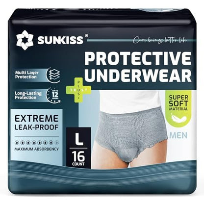 SUNKISS Super Soft Inkontinenzslip für Männer, tagsüber, Einweg-Pull-Ups für Herren, maximale Saugfähigkeit, Größe L, Grau, 16 Stück