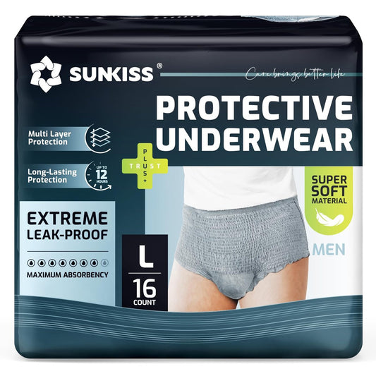 SUNKISS Super Soft Inkontinenzslip für Männer, tagsüber, Einweg-Pull-Ups für Herren, maximale Saugfähigkeit, Größe L, Grau, 16 Stück