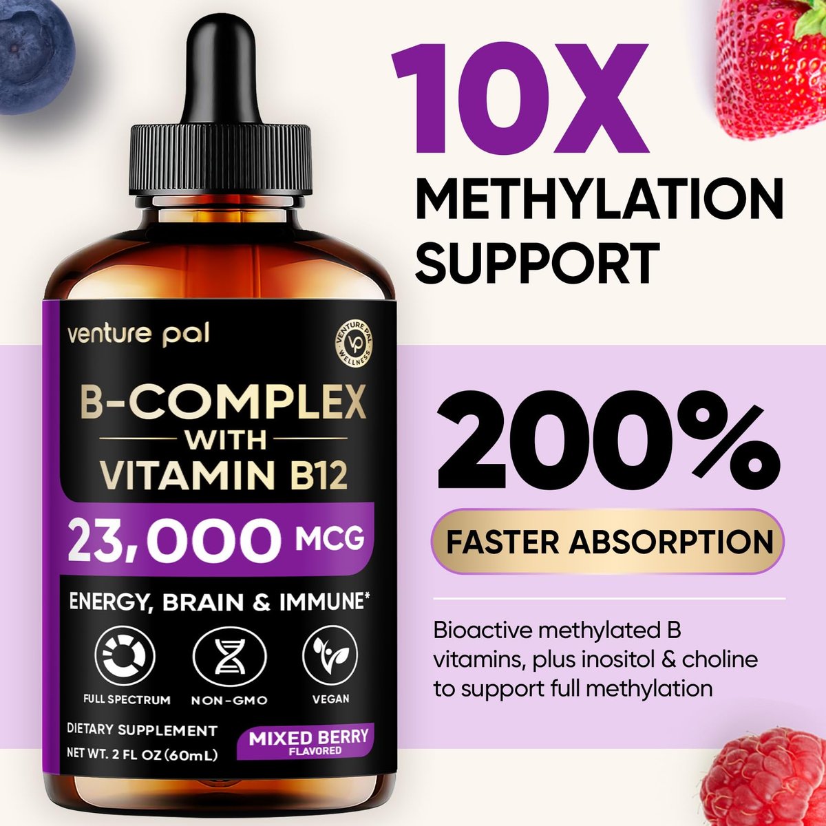 Venture Pal Vitamin B Komplex flüssige Tropfen – B12 Methylcobalamin, B9 Folsäure, B1, B2, B3, B5, B6, B16, Vitamin C, Cholin, Inosit – Immunsystem & Energie-Stoffwechsel, Gehirn & Herz Unterstützung