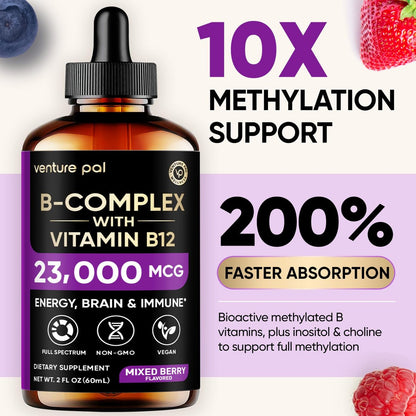 Venture Pal Vitamin B Komplex flüssige Tropfen – B12 Methylcobalamin, B9 Folsäure, B1, B2, B3, B5, B6, B16, Vitamin C, Cholin, Inosit – Immunsystem & Energie-Stoffwechsel, Gehirn & Herz Unterstützung