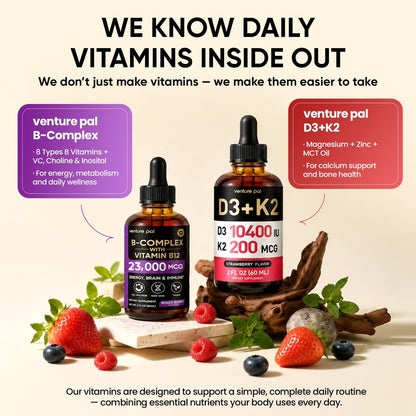 Venture Pal Vitamin B Komplex flüssige Tropfen – B12 Methylcobalamin, B9 Folsäure, B1, B2, B3, B5, B6, B16, Vitamin C, Cholin, Inosit – Immunsystem & Energie-Stoffwechsel, Gehirn & Herz Unterstützung