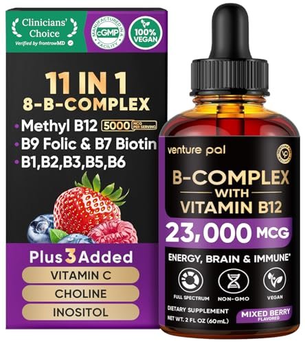 Venture Pal Vitamin B Komplex flüssige Tropfen – B12 Methylcobalamin, B9 Folsäure, B1, B2, B3, B5, B6, B16, Vitamin C, Cholin, Inosit – Immunsystem & Energie-Stoffwechsel, Gehirn & Herz Unterstützung