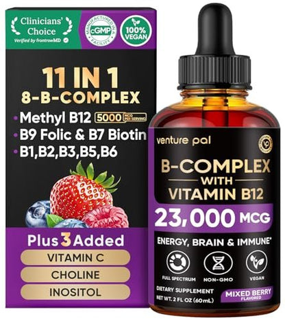 Venture Pal Vitamin B Komplex flüssige Tropfen – B12 Methylcobalamin, B9 Folsäure, B1, B2, B3, B5, B6, B16, Vitamin C, Cholin, Inosit – Immunsystem & Energie-Stoffwechsel, Gehirn & Herz Unterstützung
