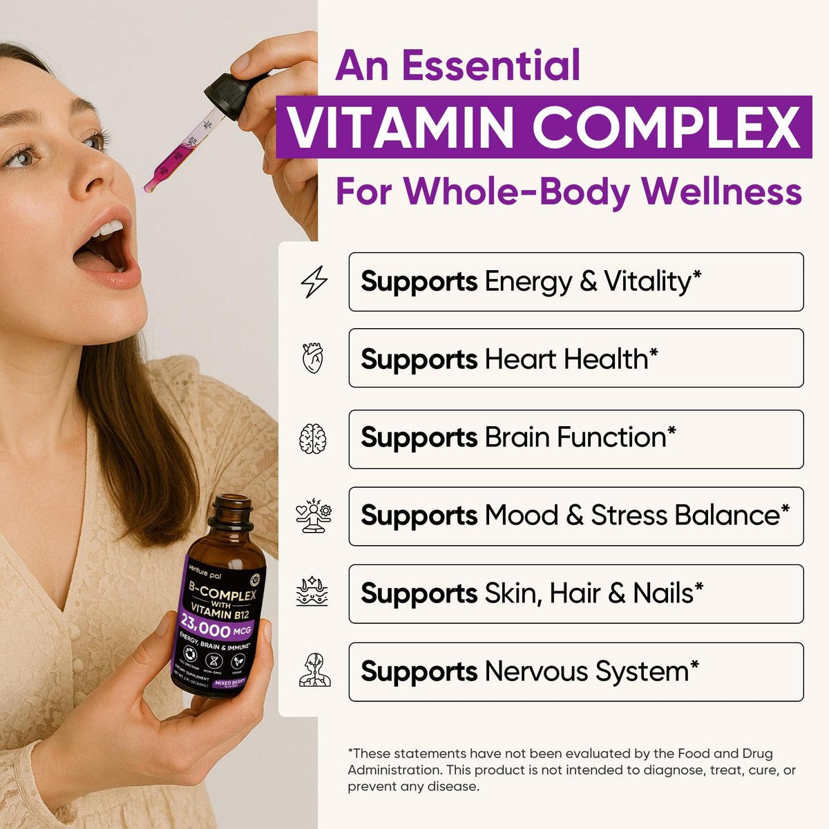 Venture Pal Vitamin B Komplex flüssige Tropfen – B12 Methylcobalamin, B9 Folsäure, B1, B2, B3, B5, B6, B16, Vitamin C, Cholin, Inosit – Immunsystem & Energie-Stoffwechsel, Gehirn & Herz Unterstützung