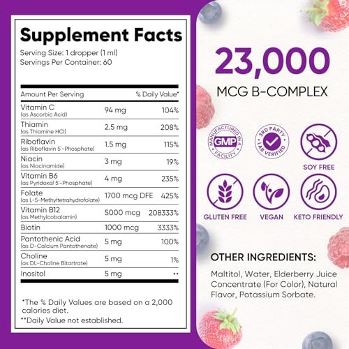 Venture Pal Vitamin B Komplex flüssige Tropfen – B12 Methylcobalamin, B9 Folsäure, B1, B2, B3, B5, B6, B16, Vitamin C, Cholin, Inosit – Immunsystem & Energie-Stoffwechsel, Gehirn & Herz Unterstützung