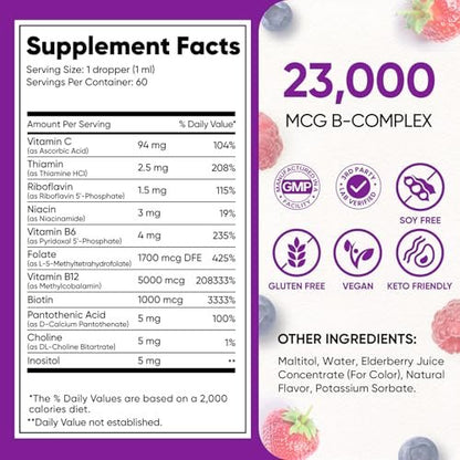 Venture Pal Vitamin B Komplex flüssige Tropfen – B12 Methylcobalamin, B9 Folsäure, B1, B2, B3, B5, B6, B16, Vitamin C, Cholin, Inosit – Immunsystem & Energie-Stoffwechsel, Gehirn & Herz Unterstützung