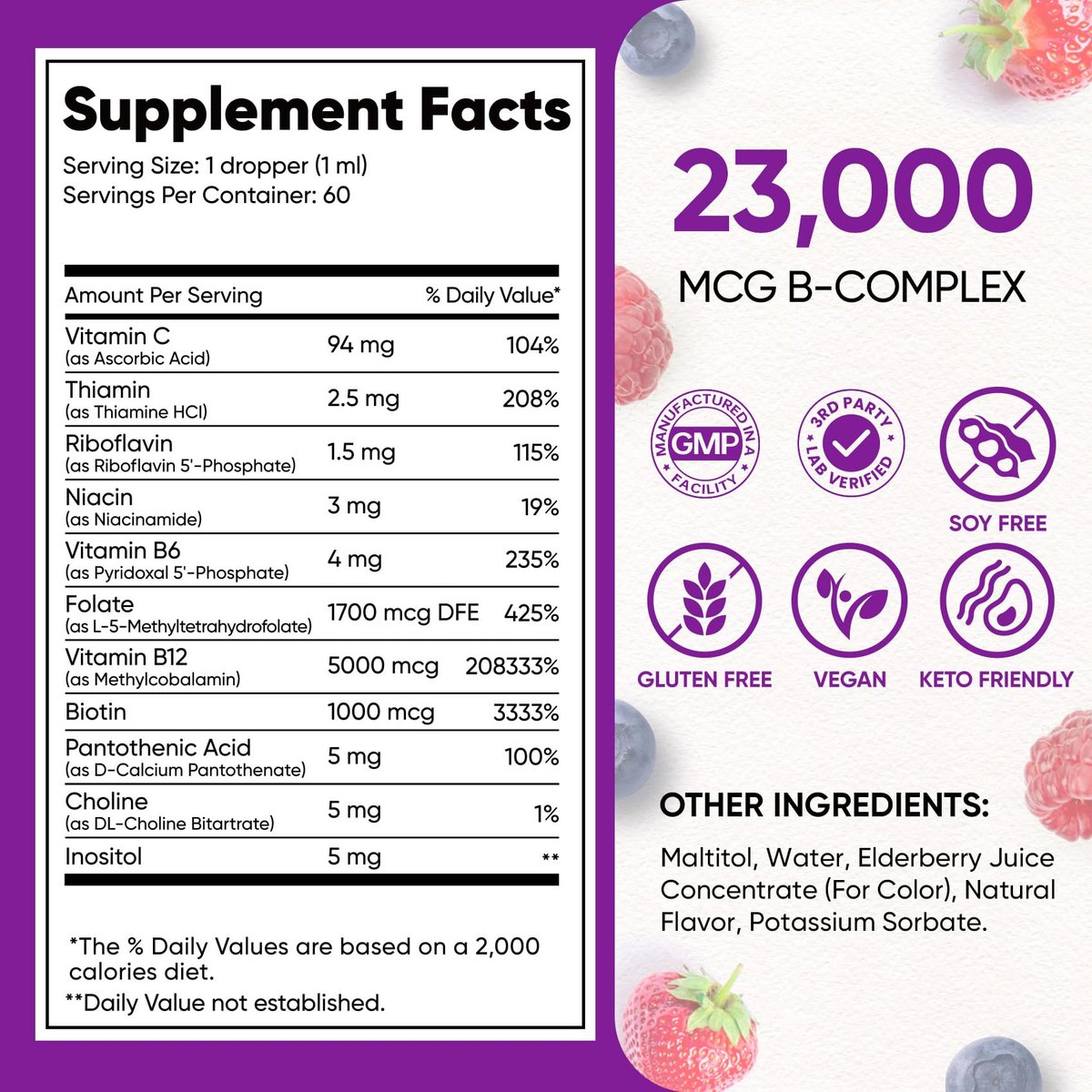 Venture Pal Vitamin B Komplex flüssige Tropfen – B12 Methylcobalamin, B9 Folsäure, B1, B2, B3, B5, B6, B16, Vitamin C, Cholin, Inosit – Immunsystem & Energie-Stoffwechsel, Gehirn & Herz Unterstützung