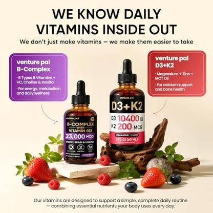 Venture Pal Vitamin B Komplex flüssige Tropfen – B12 Methylcobalamin, B9 Folsäure, B1, B2, B3, B5, B6, B16, Vitamin C, Cholin, Inosit – Immunsystem & Energie-Stoffwechsel, Gehirn & Herz Unterstützung