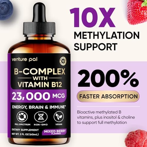 Venture Pal Vitamin B Komplex flüssige Tropfen – B12 Methylcobalamin, B9 Folsäure, B1, B2, B3, B5, B6, B16, Vitamin C, Cholin, Inosit – Immunsystem & Energie-Stoffwechsel, Gehirn & Herz Unterstützung