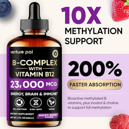 Venture Pal Vitamin B Komplex flüssige Tropfen – B12 Methylcobalamin, B9 Folsäure, B1, B2, B3, B5, B6, B16, Vitamin C, Cholin, Inosit – Immunsystem & Energie-Stoffwechsel, Gehirn & Herz Unterstützung