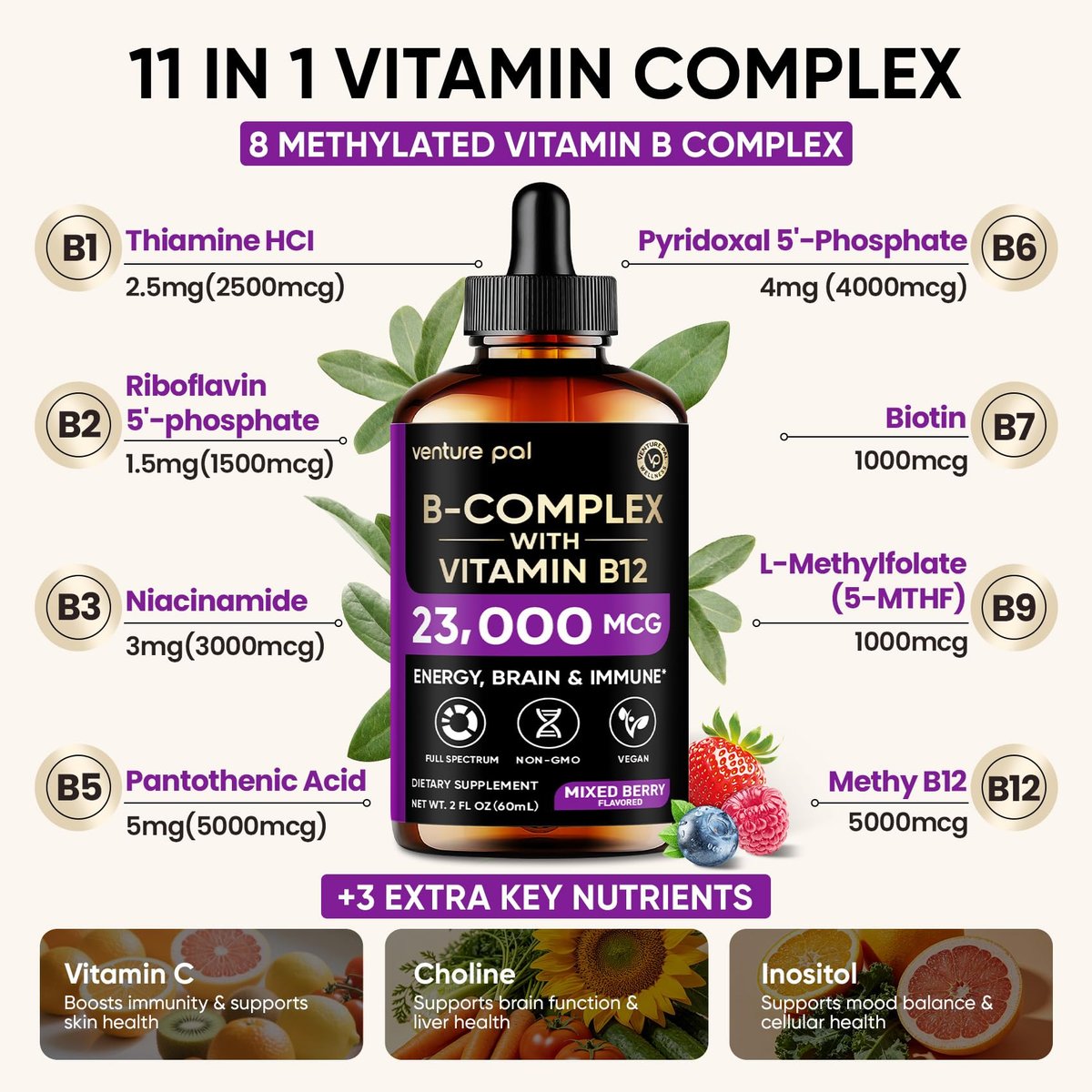 Venture Pal Vitamin B Komplex flüssige Tropfen – B12 Methylcobalamin, B9 Folsäure, B1, B2, B3, B5, B6, B16, Vitamin C, Cholin, Inosit – Immunsystem & Energie-Stoffwechsel, Gehirn & Herz Unterstützung