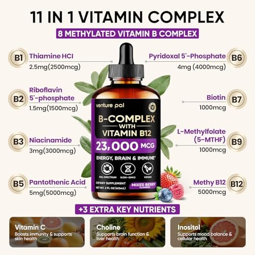 Venture Pal Vitamin B Komplex flüssige Tropfen – B12 Methylcobalamin, B9 Folsäure, B1, B2, B3, B5, B6, B16, Vitamin C, Cholin, Inosit – Immunsystem & Energie-Stoffwechsel, Gehirn & Herz Unterstützung