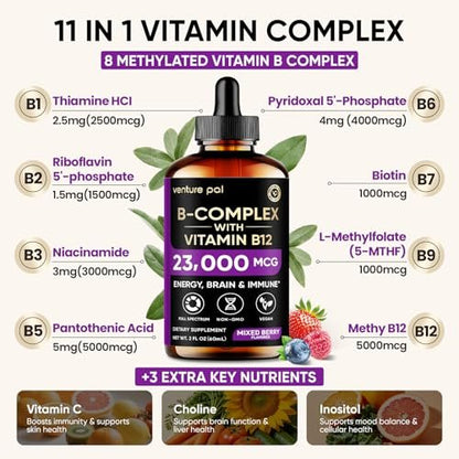 Venture Pal Vitamin B Komplex flüssige Tropfen – B12 Methylcobalamin, B9 Folsäure, B1, B2, B3, B5, B6, B16, Vitamin C, Cholin, Inosit – Immunsystem & Energie-Stoffwechsel, Gehirn & Herz Unterstützung