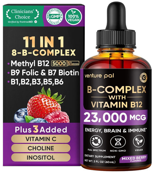 Venture Pal Vitamin B Komplex flüssige Tropfen – B12 Methylcobalamin, B9 Folsäure, B1, B2, B3, B5, B6, B16, Vitamin C, Cholin, Inosit – Immunsystem & Energie-Stoffwechsel, Gehirn & Herz Unterstützung