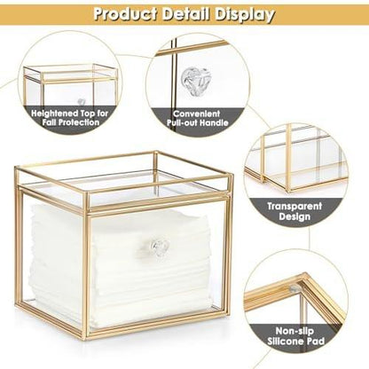 Sumnacon Aufbewahrungsbox für Einweg-Gesichtstücher aus Glas mit Schublade – Transparent mit Goldrand, 7,48 x 6,30 x 5,91 Zoll