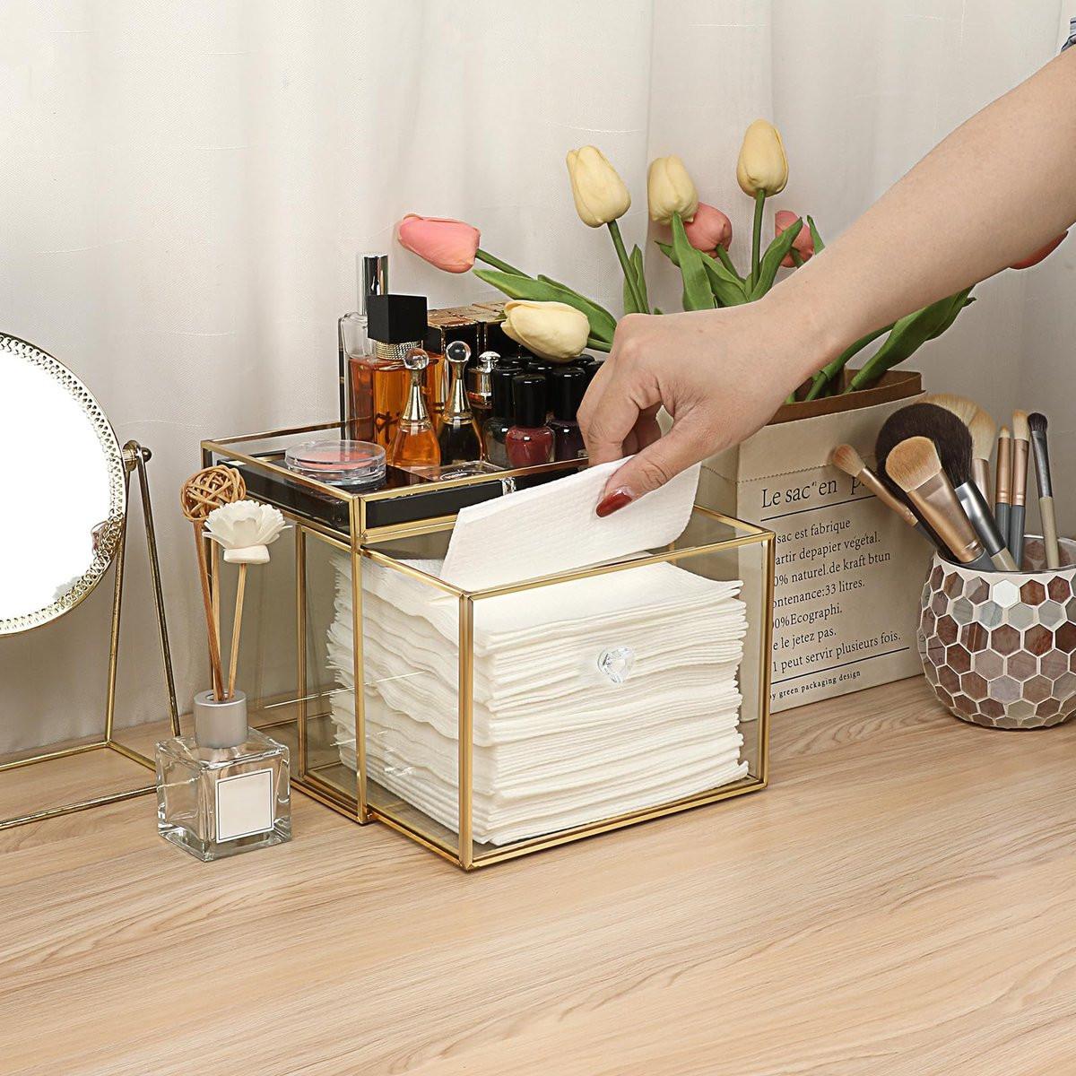 Sumnacon Aufbewahrungsbox für Einweg-Gesichtstücher aus Glas mit Schublade – Transparent mit Goldrand, 7,48 x 6,30 x 5,91 Zoll