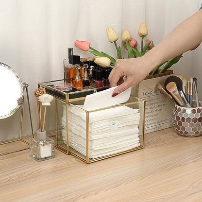 Sumnacon Aufbewahrungsbox für Einweg-Gesichtstücher aus Glas mit Schublade – Transparent mit Goldrand, 7,48 x 6,30 x 5,91 Zoll