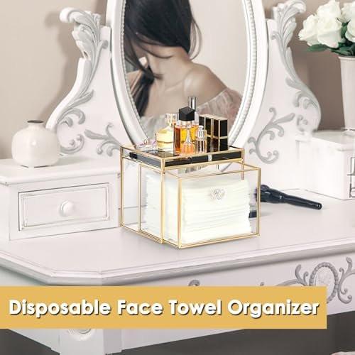 Sumnacon Aufbewahrungsbox für Einweg-Gesichtstücher aus Glas mit Schublade – Transparent mit Goldrand, 7,48 x 6,30 x 5,91 Zoll
