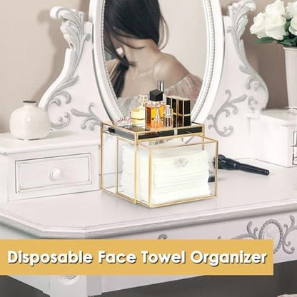 Sumnacon Aufbewahrungsbox für Einweg-Gesichtstücher aus Glas mit Schublade – Transparent mit Goldrand, 7,48 x 6,30 x 5,91 Zoll