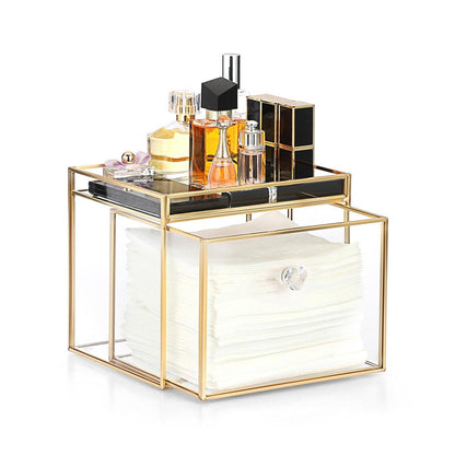 Sumnacon Aufbewahrungsbox für Einweg-Gesichtstücher aus Glas mit Schublade – Transparent mit Goldrand, 7,48 x 6,30 x 5,91 Zoll