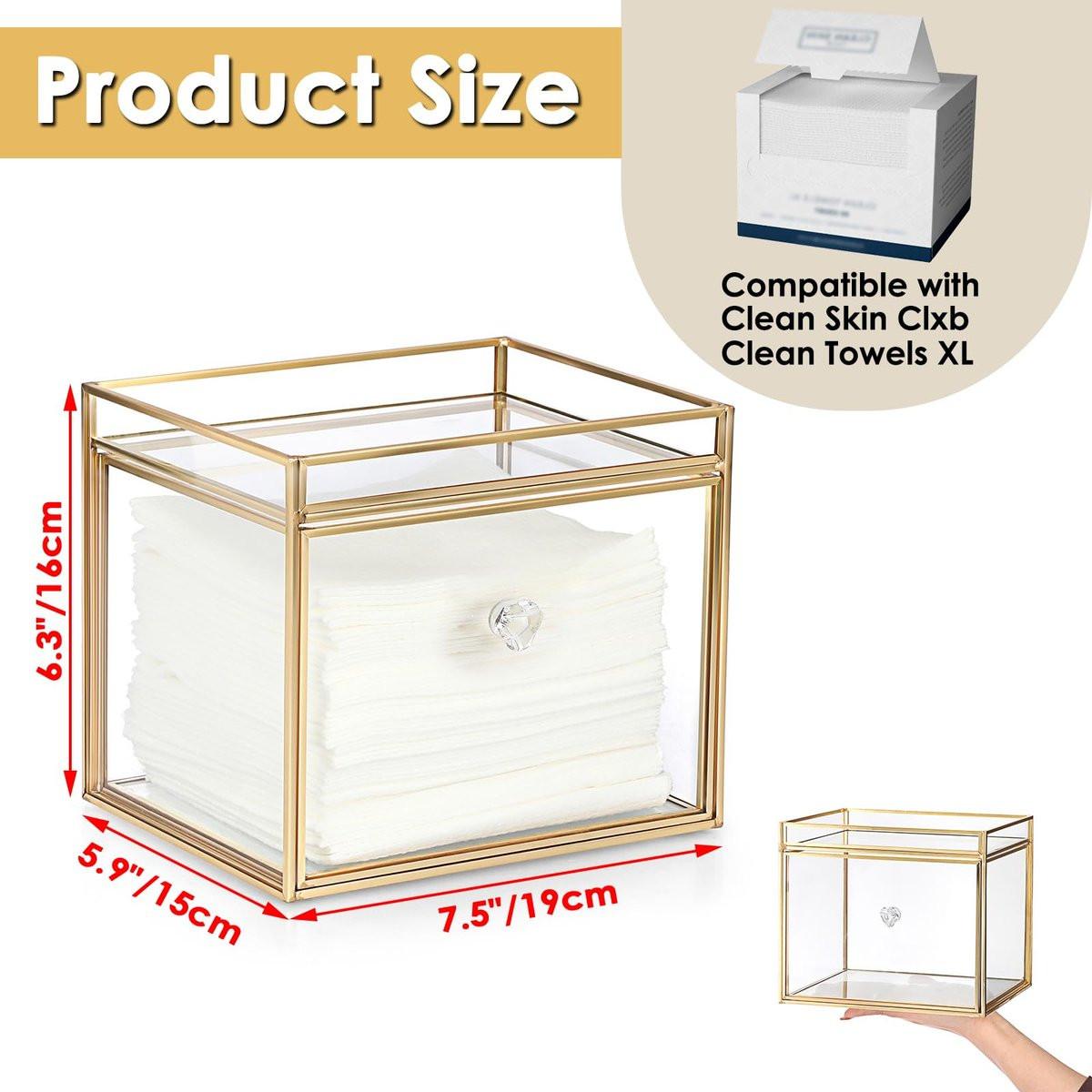 Sumnacon Aufbewahrungsbox für Einweg-Gesichtstücher aus Glas mit Schublade – Transparent mit Goldrand, 7,48 x 6,30 x 5,91 Zoll