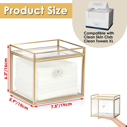 Sumnacon Aufbewahrungsbox für Einweg-Gesichtstücher aus Glas mit Schublade – Transparent mit Goldrand, 7,48 x 6,30 x 5,91 Zoll