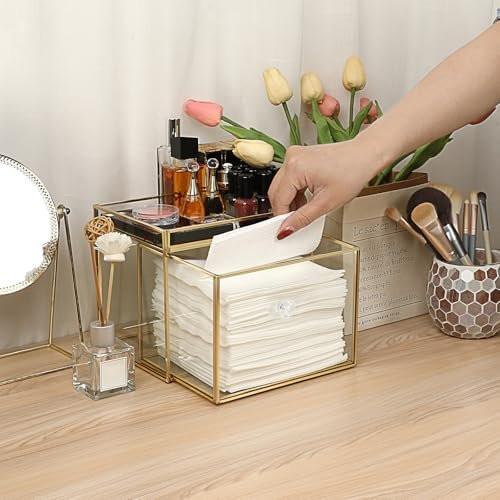 Sumnacon Aufbewahrungsbox für Einweg-Gesichtstücher aus Glas mit Schublade – Transparent mit Goldrand, 7,48 x 6,30 x 5,91 Zoll