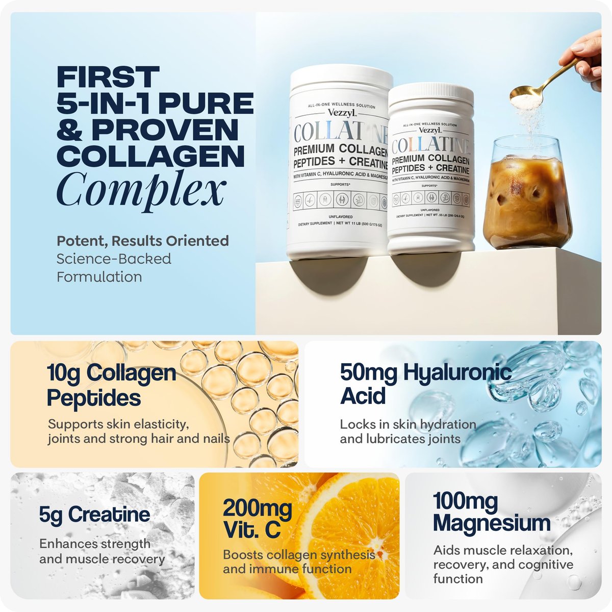 Vezzyl Collatine – Premium Kollagenpeptide mit Kreatin, Vitamin C, Hyaluronsäure und Magnesium für Haut, Haare, Nägel, Knochen & Gelenke, Muskeln, Immunsystem und kognitive Unterstützung (250 g / 8,8 oz)