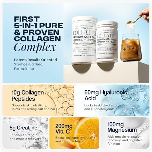 Vezzyl Collatine – Premium Kollagenpeptide mit Kreatin, Vitamin C, Hyaluronsäure und Magnesium für Haut, Haare, Nägel, Knochen & Gelenke, Muskeln, Immunsystem und kognitive Unterstützung (250 g / 8,8 oz)
