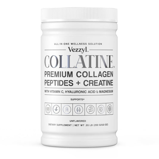 Vezzyl Collatine – Premium Kollagenpeptide mit Kreatin, Vitamin C, Hyaluronsäure und Magnesium für Haut, Haare, Nägel, Knochen & Gelenke, Muskeln, Immunsystem und kognitive Unterstützung (250 g / 8,8 oz)