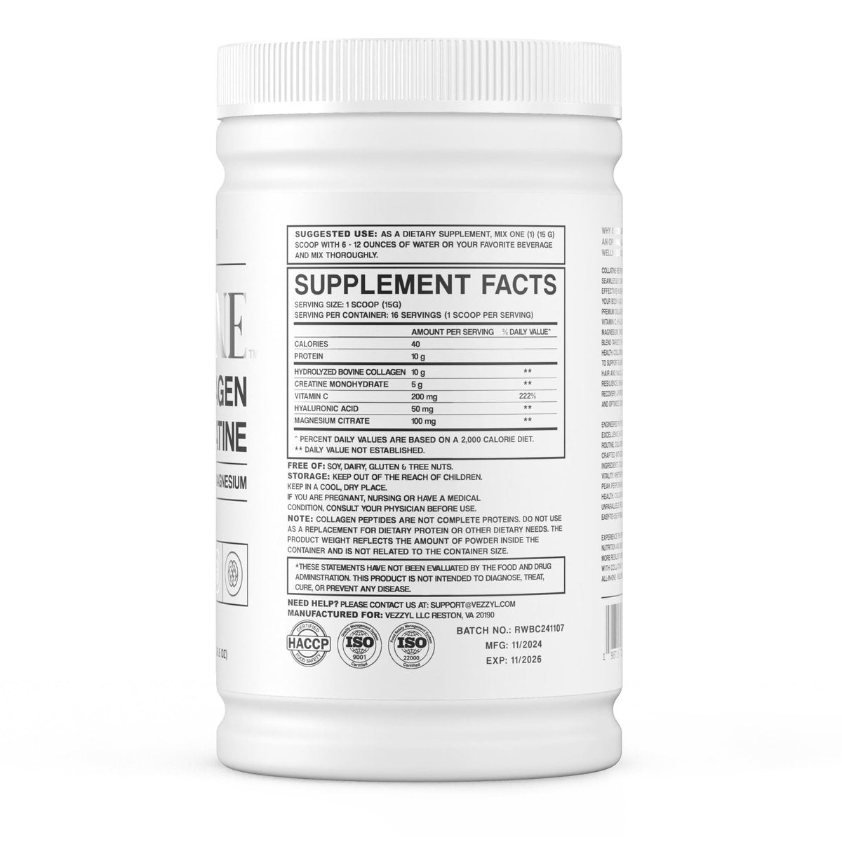 Vezzyl Collatine – Premium Kollagenpeptide mit Kreatin, Vitamin C, Hyaluronsäure und Magnesium für Haut, Haare, Nägel, Knochen & Gelenke, Muskeln, Immunsystem und kognitive Unterstützung (250 g / 8,8 oz)