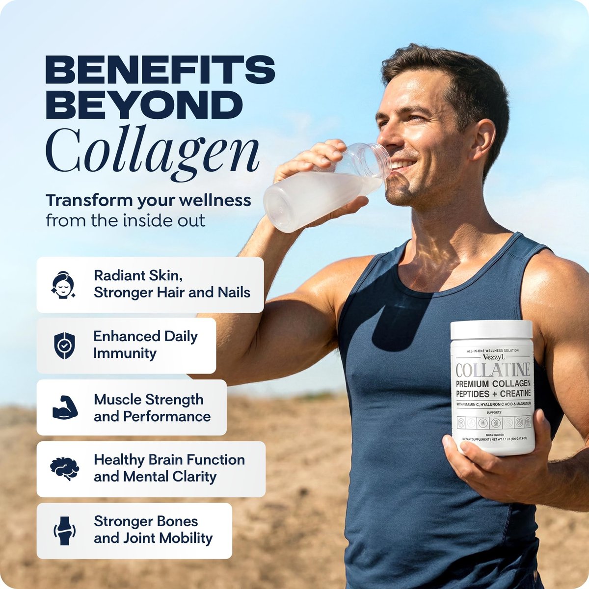 Vezzyl Collatine – Premium Kollagenpeptide mit Kreatin, Vitamin C, Hyaluronsäure und Magnesium für Haut, Haare, Nägel, Knochen & Gelenke, Muskeln, Immunsystem und kognitive Unterstützung (250 g / 8,8 oz)