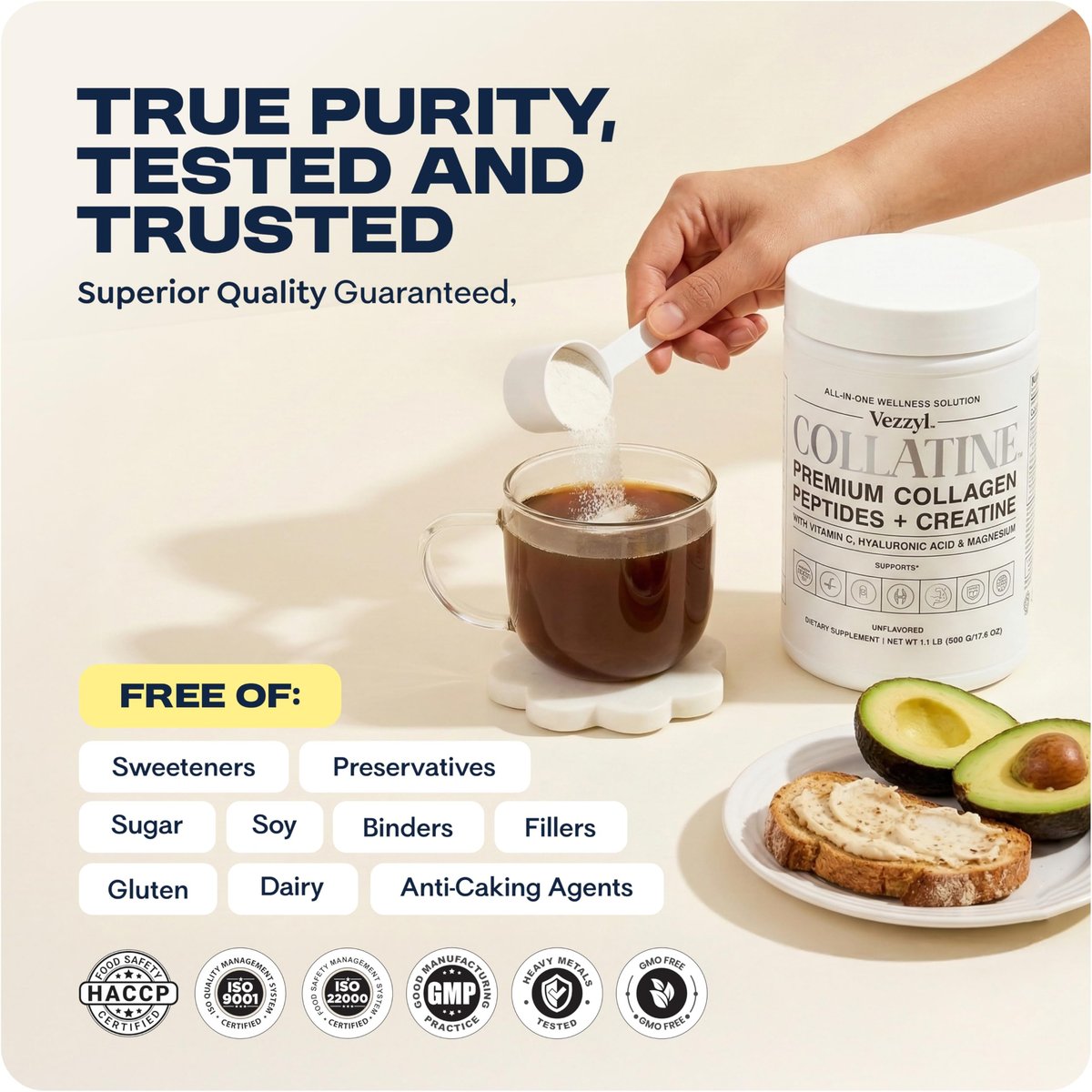 Vezzyl Collatine – Premium Kollagenpeptide mit Kreatin, Vitamin C, Hyaluronsäure und Magnesium für Haut, Haare, Nägel, Knochen & Gelenke, Muskeln, Immunsystem und kognitive Unterstützung (250 g / 8,8 oz)