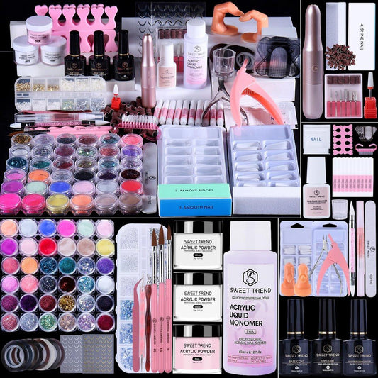 Acryl-Nagel-Set mit allem: Komplettes Starter-Set für Anfänger mit Bohrer - Professionelles Acrylpulver, Glitzer, Monomer, falsche Spitzen, Basis- und Decklack - Nagelverlängerungs-Kit inklusive Dekorationen - Geschenk