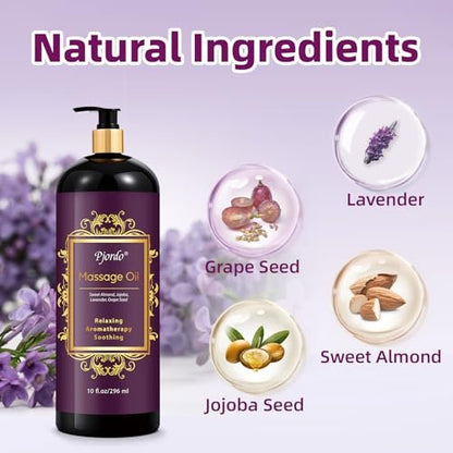 Pjordo Aromatherapie Lavendel Massageöl, 300 ml – Entspannendes Massageöl mit Traubenkern-, Süßmandel- und Jojobaöl für wohltuende, beruhigende Massagen