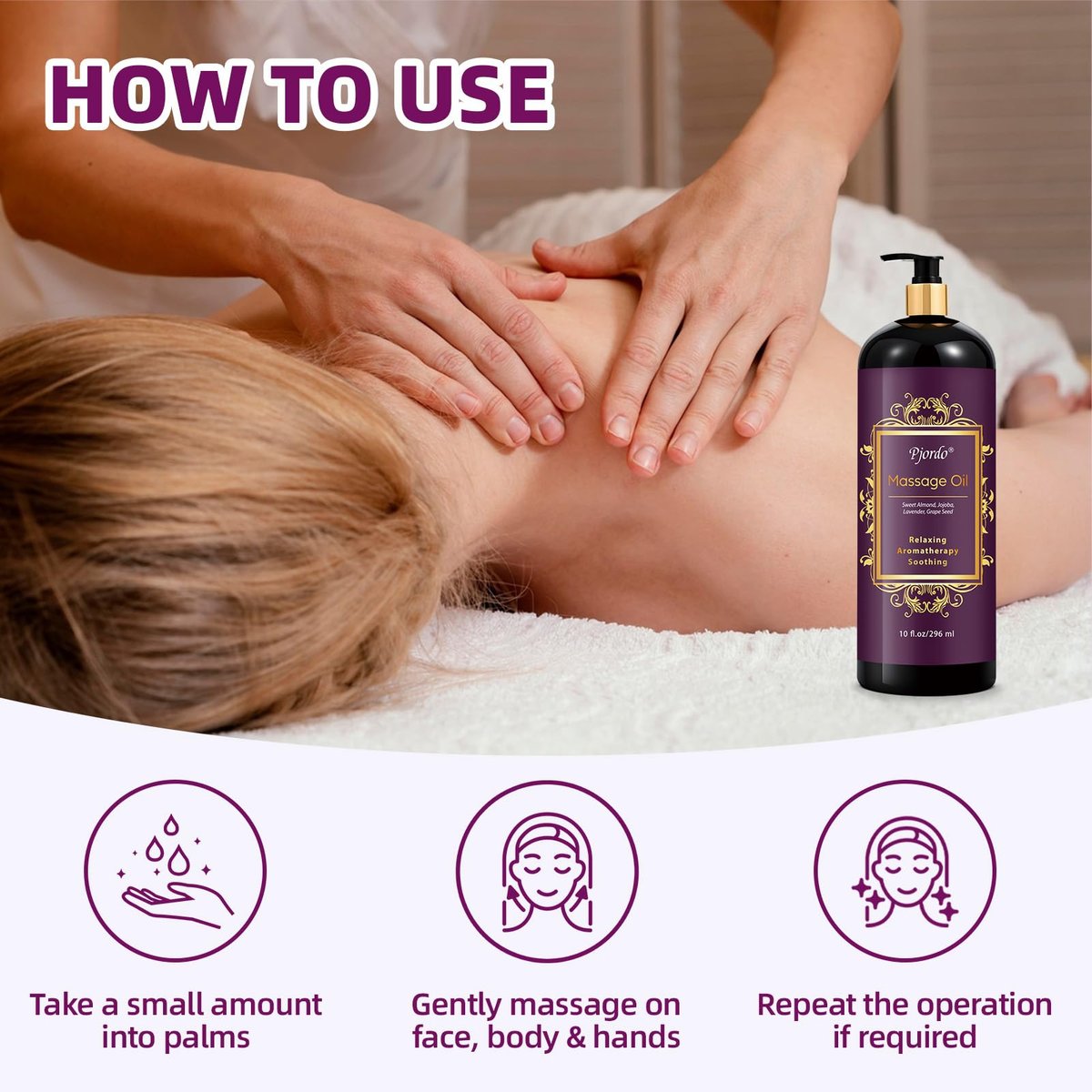 Pjordo Aromatherapie Lavendel Massageöl, 300 ml – Entspannendes Massageöl mit Traubenkern-, Süßmandel- und Jojobaöl für wohltuende, beruhigende Massagen
